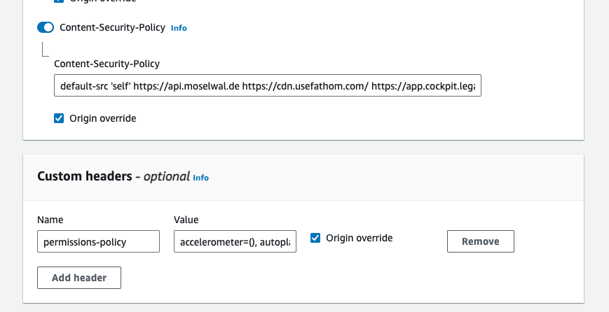 Füge die `Content-Security-Policy` unter `Security headers` hinzu