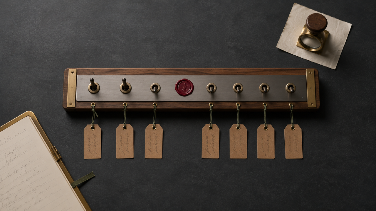 Symfony 5.4.52 / 6.4.40 / 7.4.12 / 8.0.12 — sieben CVEs in einem Wartungsfenster Walnut-and-brass Schaltbrett mit sieben Messing-Kipp-Schaltern auf matt dunklem Schiefer, drei Schalter angehoben, ein einzelner oxblood-Wachssiegel-Akzent zwischen den Reihen — Metapher für sieben Symfony-CVEs, die in einem Wartungsfenster gemeinsam geprüft und bereinigt wurden.