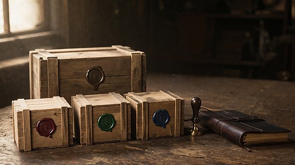 Drei einzeln versiegelte Holzkisten neben einer größeren versiegelten Sammelkiste auf einer Holzwerkbank im warmen Nachmittagslicht.
