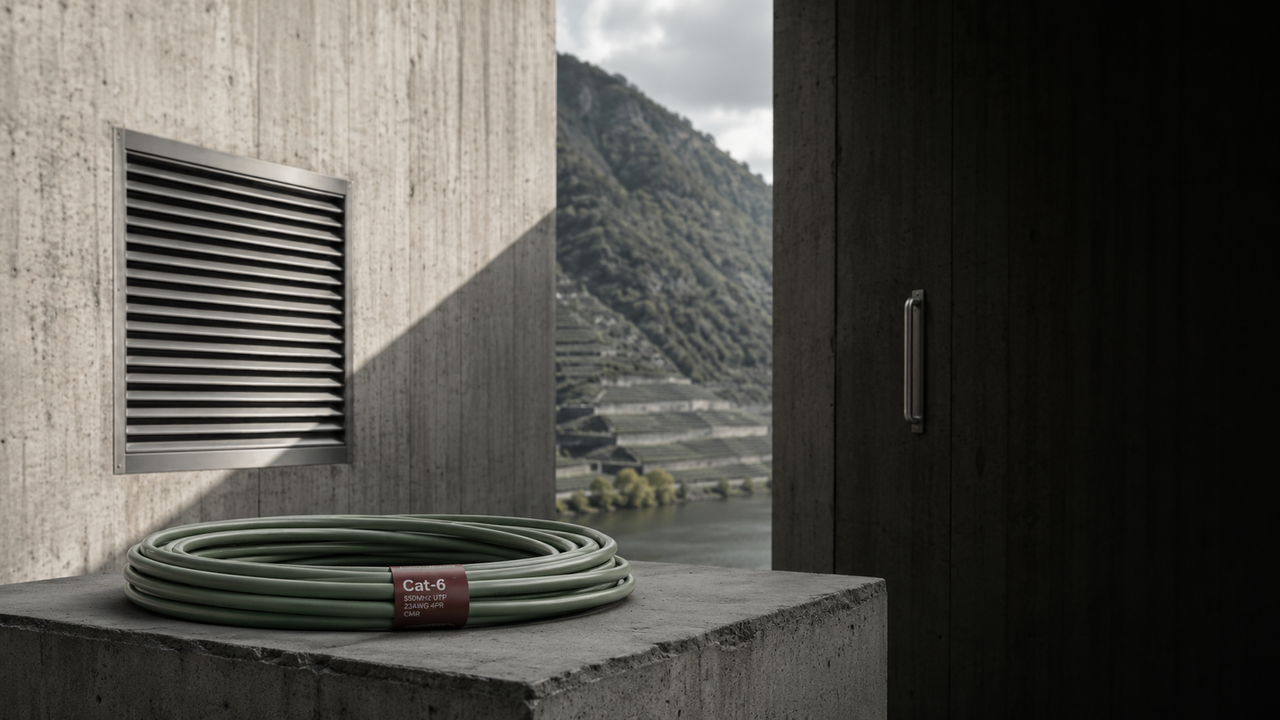 Halb geöffnete Betontür eines modernen Rechenzentrums — davor ein dunkles Slate-Plinth mit einem aufgerollten oxblood-Kabel und einem Rack-Modul mit Kraft-Paper-Etikett, im Hintergrund die Mosel-Weinberghänge.